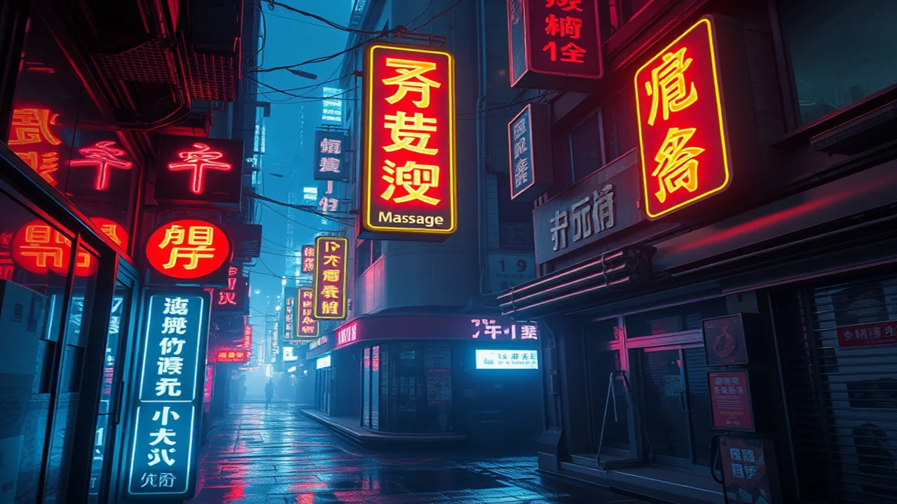 Cyberpunk City Neon Hanzi Massage Sign